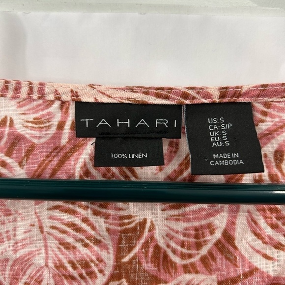 Tahari 100% Linen Popover Blouse Button Front Balloon Sleeve Leaf Floral Size S - Picture 3 of 8